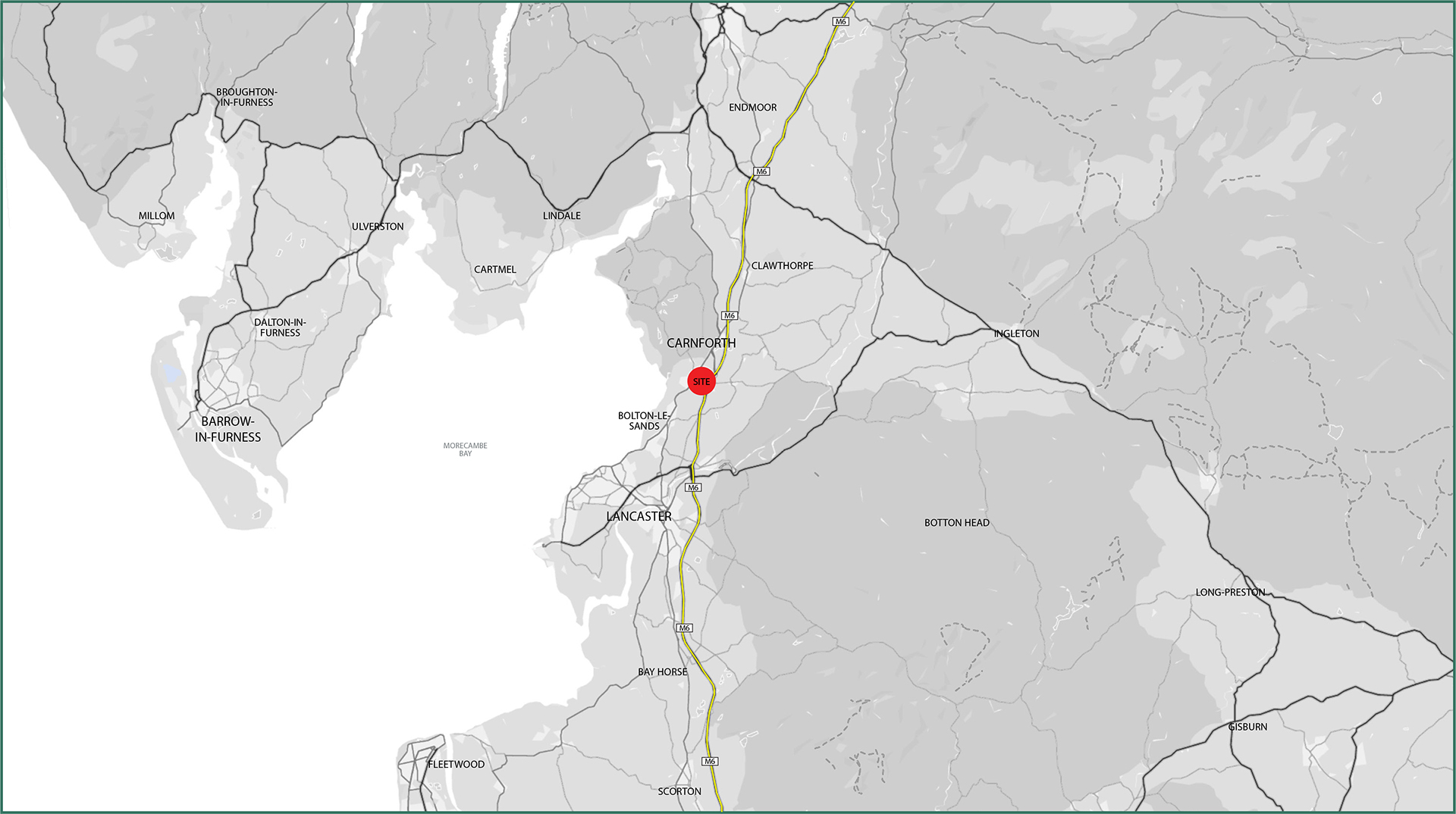 Regional location plan showing the site south east of Carnforth, with road and rail connections to Lancaster and the wider region