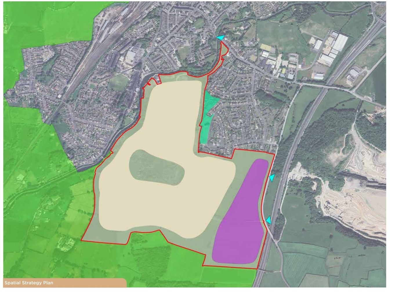 Preliminary spatial strategy plan showing the site boundary, indicative development area, potential employment land and surrounding green belt